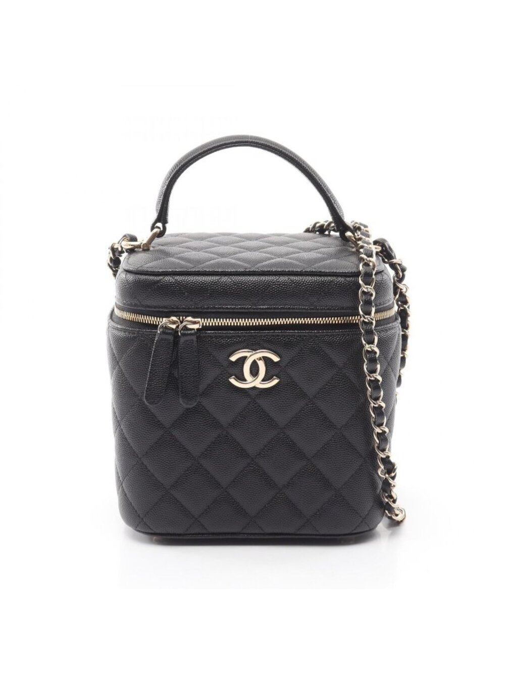 Chanel Shoulder Bag Quilted 2-Way Black Caviar Leather Vanity Chain
